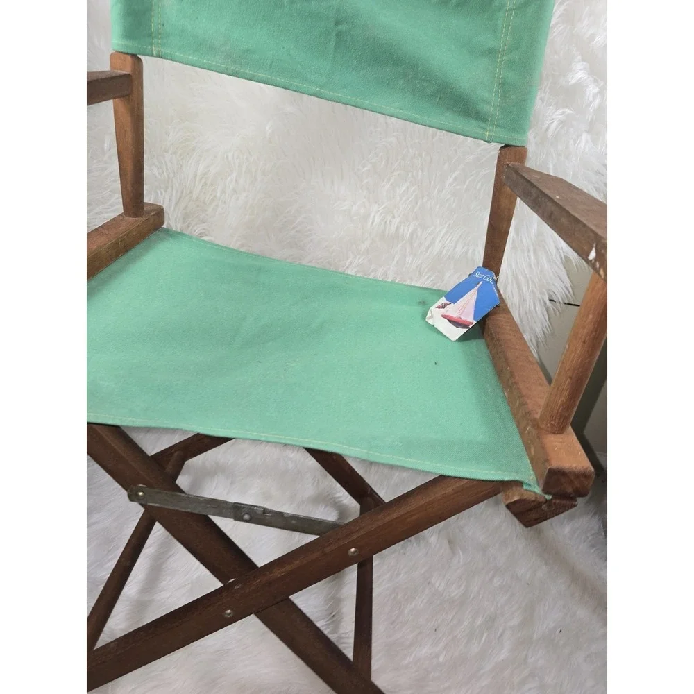 Vintage Directors Chair Green Canvas Natural Wood Table Height Foldable OLD!!!